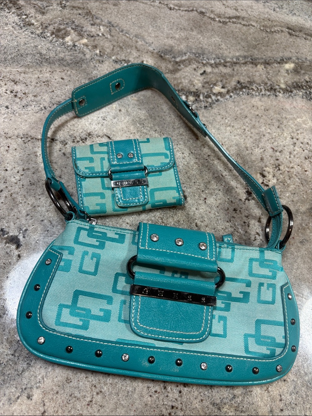 Vintage Y2K Guess Turquoise Rhinestone Shoulder Bag & Matching Wallet